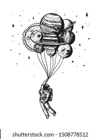 Soaring Spaceman. Astronaut with planets. Balloons in space. Man in the solar system. Engraved hand drawn Old sketch in vintage style.