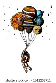 Soaring Spaceman. Astronaut with planets. Balloons in space. Man in the solar system. Engraved hand drawn Old sketch in vintage style.