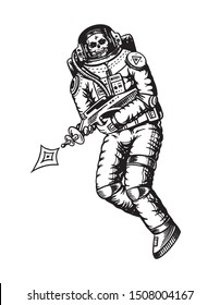 Soaring Spaceman. Skeleton with space weapons. Astronaut in the solar system. Engraved hand drawn Old sketch in vintage style.