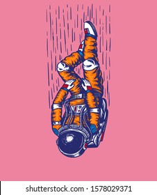 Soaring Spaceman in space. Astronaut in the solar system. Engraved hand drawn Old sketch in vintage style.