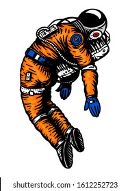 Soaring Spaceman in space. Astronaut in the solar system. Engraved hand drawn Old sketch in vintage style.