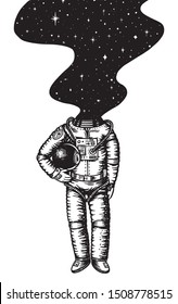 Soaring Spaceman. Space and galaxy in the head. Astronaut in the solar system. Engraved hand drawn Old sketch in vintage style.