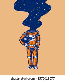 Soaring Spaceman. Space and galaxy in the head. Astronaut in the solar system. Engraved hand drawn Old sketch in vintage style.