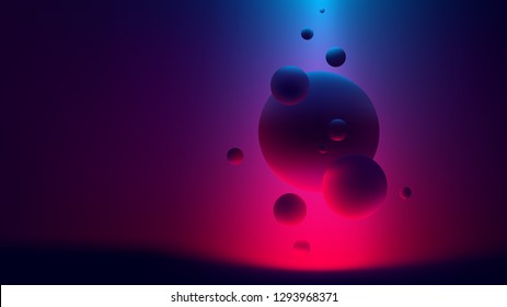 Soaring spheres on the background of ultraviolet light, Red-blue reflex on geometric shapes, Cyberpunk vector template background for your design