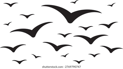 Soaring Spirits: A captivating silhouette captures a flock of birds gracefully in flight, symbolizing freedom and the boundless sky. png