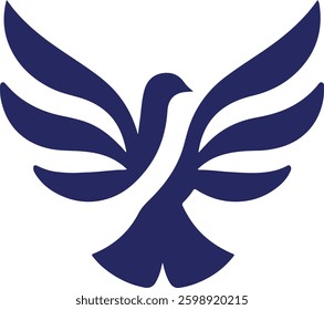 A soaring, stylized dove graphic in deep navy blue.