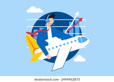 Soaring through market trends, data-driven navigation, strategic vision, achieving business heights concept vector illustration. Analyst piloting airplane with financial charts