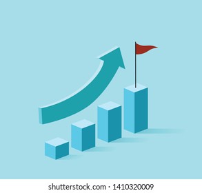 A soaring upside growth financial bar chart in 3d (blue color) with the red flag at the highest top of the card chart on light blue wallpaper - with soaring arrow graph chart above them