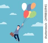 Soars up on balloon. Businessman flying up with suitcase, soaring in clouds. Dreaming, determination, success, movement towards goal recent vector concept