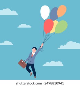 Soars up on balloon. Businessman flying up with suitcase, soaring in clouds. Dreaming, determination, success, movement towards goal recent vector concept