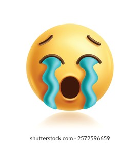 Sob emoji clipart 3d character. Emoji face crying, sad, scream, tear drop, grief, sorrow, unhappy and sorrow facial expression yellow icon graphic element. Vector illustration sob emoticon clip art.  