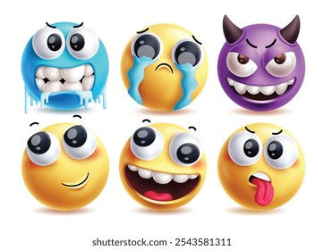 Sob emoji clipart conjunto de caracteres vetoriais. Emojis frio, chorando, diabo, confuso, feliz e cansado expressão facial elementos de design. Ilustração vetorial sob conjunto de coleta emoji.
