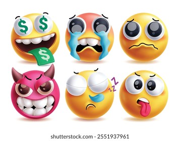 Sob emoji vector characters set.  Emojis money tongue, crying, disappointed, devil, sneezing and tired 3d clip art facial expressions yellow icon elements. Vector illustration sob emoji collection.
