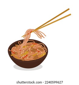 Soba buckwheat noodles with chicken and vegetables on sticks
