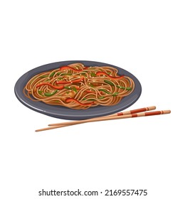 Soba, Japanese noodle vector illustration. Cartoon isolated wooden chopsticks and bowl with tasty fried buckwheat noodle, vegetables and sauce, delicious traditional recipe of Japan restaurant