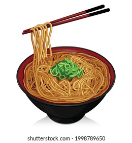 Soba noodle soup recipe on bowl illustration vector.