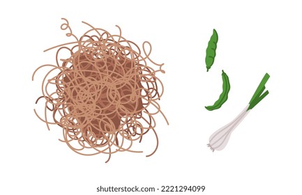 Soba Noodles and Green Onion Stalk as Wok Asian Food Ingredient Vector Set