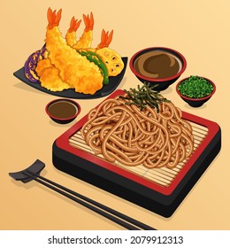 Soba noodles served on a japanese bamboo and crispy shrimp tempura recipe illustration vector.