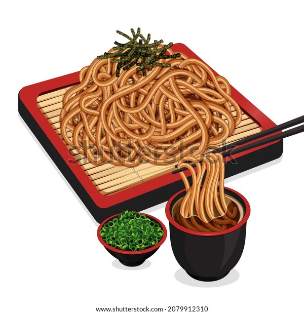 Soba noodles served on a japanese bamboo recipe\
illustration vector.