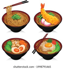 Soba noodles varieties recipes illustration vector.