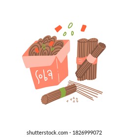 Soba set. Fideos de alforfón crudos y hervidos en caja aislada sobre fondo blanco. Ilustración vectorial de granos de trigo sarraceno japoneses en dibujos animados de estilo sencillo y plano