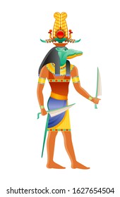 Sobek Egyptian god, Nile crocodile deity. Ancient Egyptian god of pharaonic power, fertility, military prowess, crocodile in shuti sun crown. 3d realistic vector illustration isolated white background