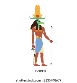 Sobek, el viejo Egipto dios de la fertilidad y el poder militar. Sebek, antigua deidad egipcia con cabeza de cocodrilo del Nilo. Carácter religioso histórico. Ilustración vectorial plana aislada en fondo blanco