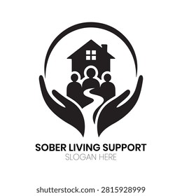 Sober Living Support logo displays hands gently cupping a house beneath a protective arch, symbolizing community care and recovery. This comforting, structural design is perfect for addiction treatment centers, nonprofit recovery organizations, mental health clinics, or social service providers aiming to convey safety, stable environments, trust, and a supportive path toward sustainable healthy living.