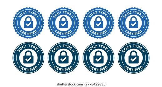SOC 1 and SOC 2 Type I and II certified badge collection. Professional security compliance seals with padlock icon for data protection and service organization control.