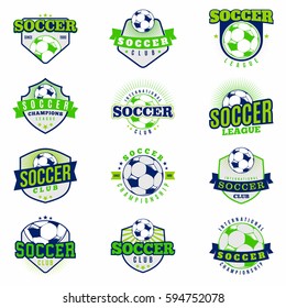 Soccer 12 colored badges set in vintage style. Retro Collection of  soccer elements and emblems, t-shirt graphic design. Vector illustration. 