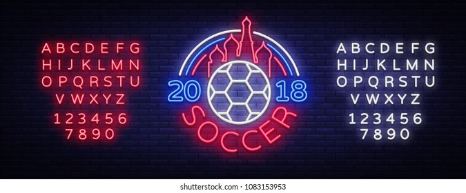 Soccer 2018 Neon Sign Vector. Football Championship design template, neon style logo, bright signboard, light banner, football advertising, invitation to European football. Editing text neon sign