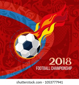 Soccer 2018 world championship background. Concept of ball and fire with red background around ethnic symbols. Champion football game. Symbol sport cup.