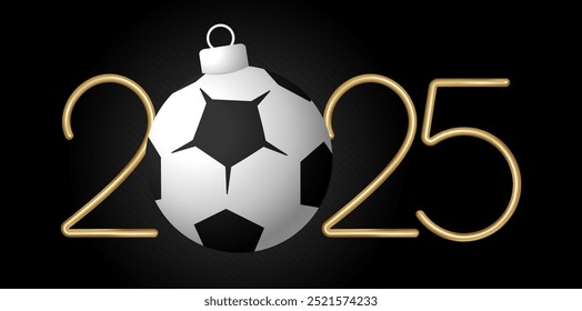 soccer 2025 Happy New Year. Sports greeting card with golden number 2025 and ball on the black background. Vector illustration.