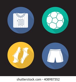 Soccer accessories flat design long shadow icons set. Ball, football player uniform, shirt, boots and shorts. Vector symbols