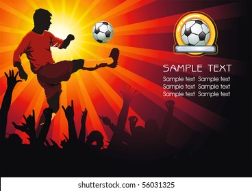 Soccer Action player. Soccer ball with crowd silhouettes of sport fans. Vector Football background with space for text. Abstract Classical football poster.