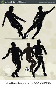 Soccer action players fighting for the ball in a football match. Vector silhouettes of sport people, design elements for Web. Abstract figure for template, eps8