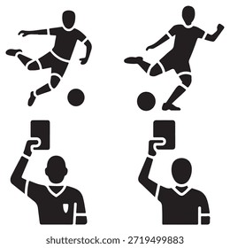 Conjunto de iconos de acción y árbitro de fútbol con jugadores y señales de cartas