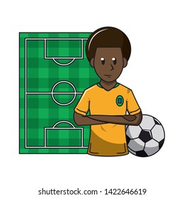 Soccer afro player with ball over playfield background vector illustration graphic design