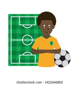 Soccer afro player with ball over playfield background vector illustration graphic design