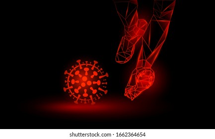 Soccer against coronavirus. Polygonal Football Kickoff illustration. Legs and virus cell.