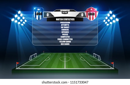 Soccer Arena field with bright stadium lights. Logo Sport Football Academy club logo match vs strategy broadcast graphic template. Vector illumination
