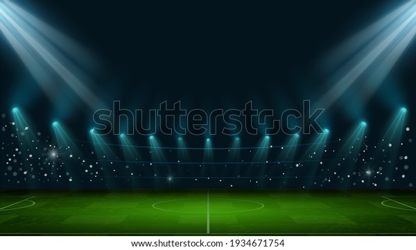 Soccer arena. Realistic european football stadium\
with grass field, lights and spotlights. 3d ball sport game\
playground vector night\
scene