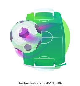 Soccer Or Association Football Game Flying Ball With Air Trail Or Tail And Grass Rectangular Pitch Or Field With Net Goals At Each End. World Or European Cup Or Tournament Theme.