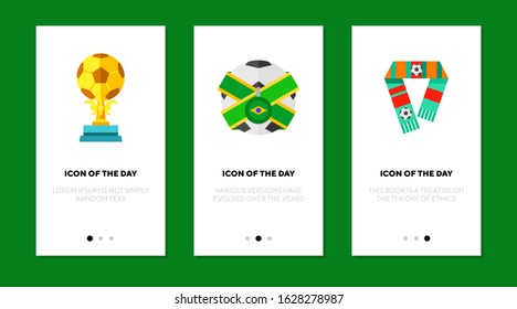 Soccer attributes flat vector icon set. Football, award, prize, scarf, merch isolated sign pack. Sport and competition concept. Vector illustration symbol elements for web design and apps.