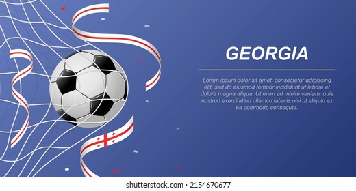 Soccer background with flying ribbons in colors of the flag of Georgia. Realistic soccer ball in goal net.