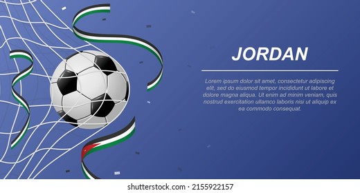 Soccer background with flying ribbons in colors of the flag of Jordan. Realistic soccer ball in goal net.