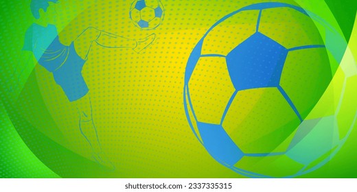 Soccer background with a football player kicking the ball and other sport symbols in national colors of Brazil