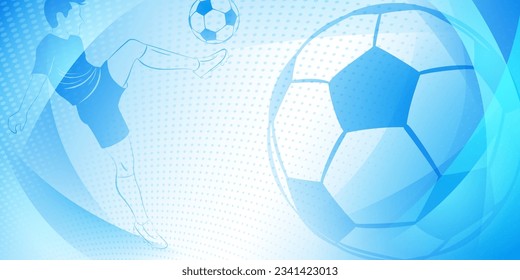 Soccer background with a football player kicking the ball and other sport symbols in blue colors