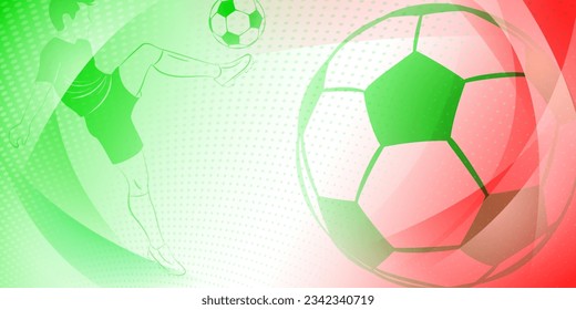Soccer background with a football player kicking the ball and other sport symbols in national colors of Italy or Mexico