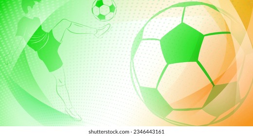 Soccer background with a football player kicking the ball and other sport symbols in national colors of Ireland